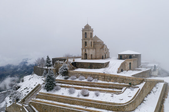 Senhora da Graca church drone view with snow Mondim de Basto, Portugal