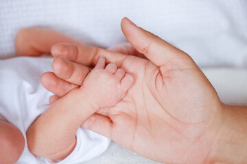 a small hand of a child in a big hand of a father