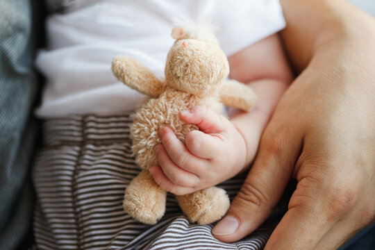 a baby in father's arms holds a small soft toy