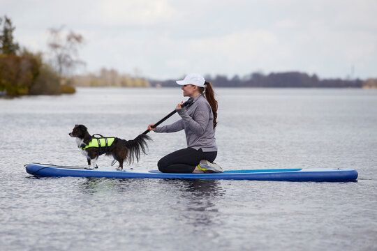 A woman paddle boarding with a tiny dog on a lake.