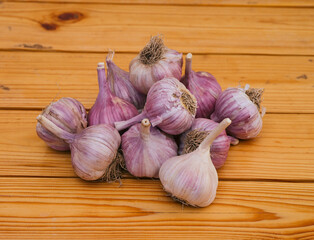 Heap of garlic on wooden background.