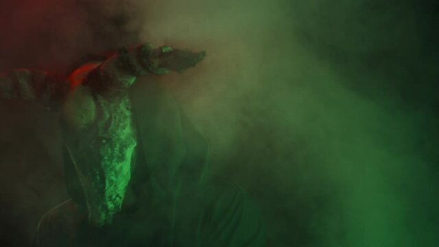 Devil with cow skull head making rite in smoke. Demon with horns conjuring by hands close-up. Evil imp wearing black robe with hood using witchcraft in darkness and fog. Halloween and full moon.