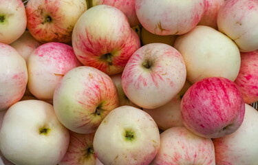 Autumn yellow-red apples piled in a basket close-up