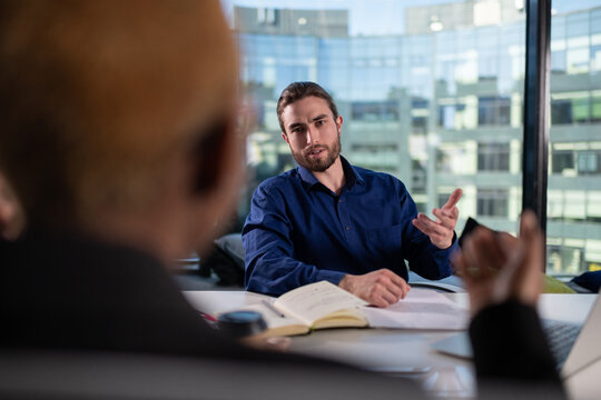 Bearded businessman discussing work with colleague