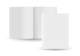 Vector realistic set of empty books. Mockup with hardcover. Open and closed rectangular template. 3d vector illustration. Blank Magazine, album, catalog on white background. front view. EPS10. 