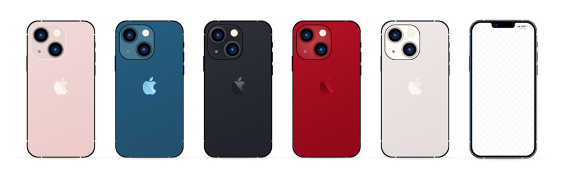 New iPhone 13. Midnight iphone 13. Mock-up screen iphone and back side iphone. Vector illustration. Zaporizhzhia, Ukraine - September 16, 2021