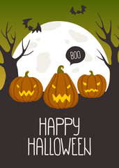 Creepy pumpkin lanterns at full moon night. Print for banner, poster, invitation, event.