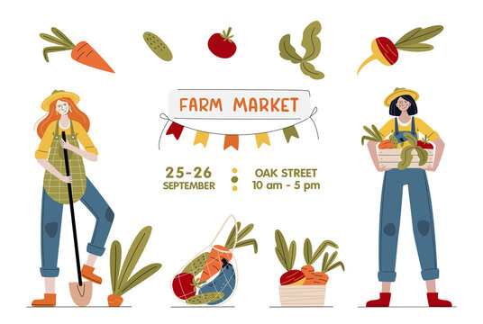 Farm Market banner. Farmer women with vegetables in modern style. Harvest festival or Eat Local concept. Buy fresh organic products from the local farmer’s market. Cartoon vector illustration