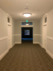 Shining-esque eerie low angle view of hallway.