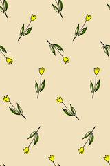 Seamless Pattern Flowers Tulips hand drawn vector. Spring garden flower black contours isolated on light beige background. Botanical doodle plants hand drawing