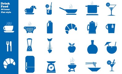 Boissons et nourriture en 20 icônes bleus, collection