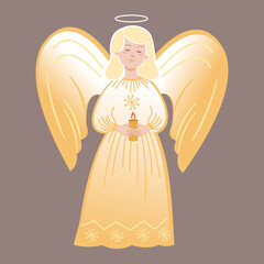 Christmas angel holding a candle in his hands. Cute angel white-yellow. Vector illustration.