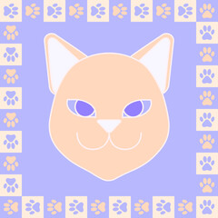 Vector pattern of a separate cat's face and an ornament of cat footprints on a checkerboard. Lilac, violet, yellow, orange colors. For textiles, wrapping paper, tissue, napkins, backgrounds.
