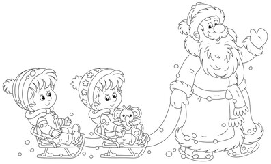 Santa Claus friendly smiling, waving his hand in greeting and sledding happy little kids on a snowy winter day, black and white outline vector cartoon illustration for a coloring book page