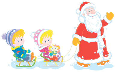Santa Claus friendly smiling, waving his hand in greeting and sledding happy little kids on a snowy winter day, vector cartoon illustration isolated on a white background