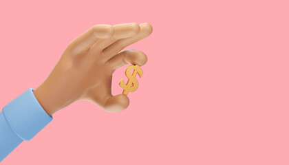 Cartoon businessman character hand holding a dollar sign. 3d illustration.