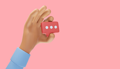 Cartoon businessman character hand holding a bubble talk sign. 3d illustration.