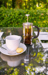 Сup of tea with french press on green forest and nature background. Cozy autumn mood.	
