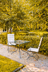 Beautiful yellow autumn in the yard with chairs and small glass table. Nobody. Breakfast in the green park.