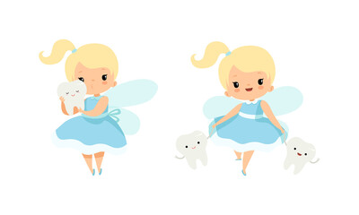 Cute Little Tooth Fairy with Blond Hair and Ponytail with First Baby Tooth Vector Set