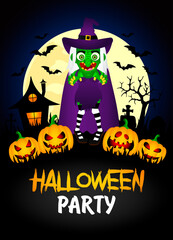 Halloween party banner. Poster with witch and funny pumpkins. Happy Halloween graphic design. Vector illustration