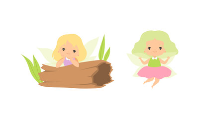 Little Fairy or Pixie with Wings as Woodland Nymph Sitting Near Hollow Log and Hovering Vector Set