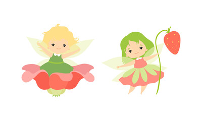 Little Fairy or Pixie with Wings as Woodland Nymph Sitting in Flower Cup and Holding Strawberry Stalk Vector Set