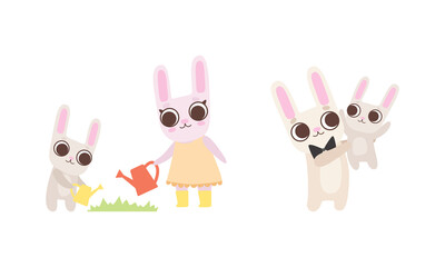 Cute Hare Family with Mother, Father and Cub Watering Plant and Playing Vector Set