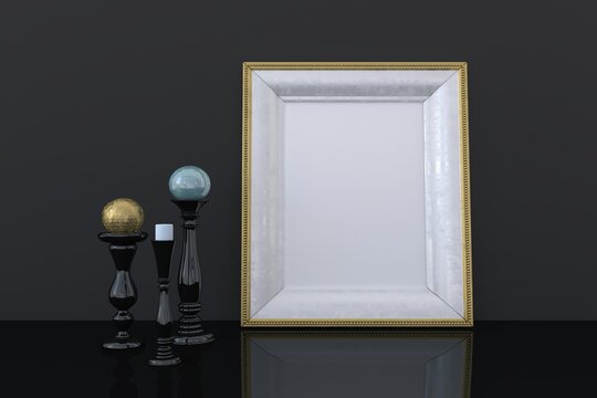 Golden empty photo frame mockup with decor, 3d-rendering