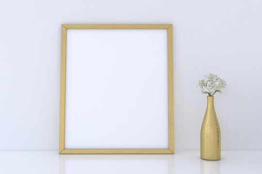 Empty Photo Frame Mockup With Golden Vase, 3d-rendering © Farooq