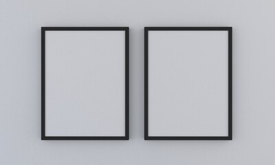 Black Two Vertical Empty Photo Frame Mockup on gray background, 3d-rendering