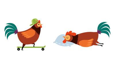 Rooster or Cock Character in Cap Skateboarding and Sleeping on Pillow Vector Set