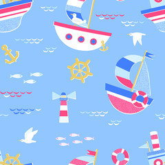 Obraz na płótnie Canvas Seamless baby nautical pattern with ships, anchor and waves.