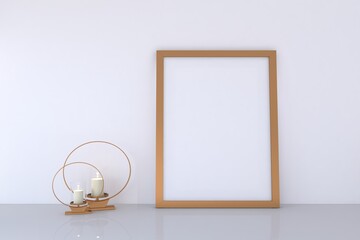 Bronze Color Photo Frame Mockup With Candles, 3d-rendering