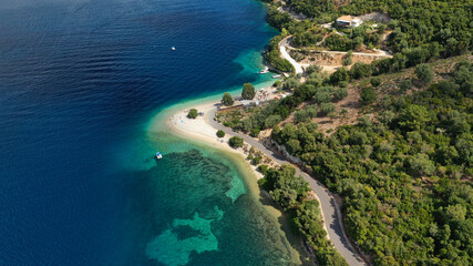 Aerial drone photo of paradise turquoise beach of Amoglossa meaning a sand tongue with crystal...