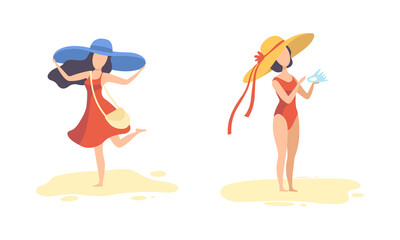 Young Woman in Wide Brimmed Hat at Sea Shore Holding Shell and Posing Vector Set