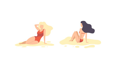 Young Woman at Sea Shore Sitting on Sand and Posing Vector Set