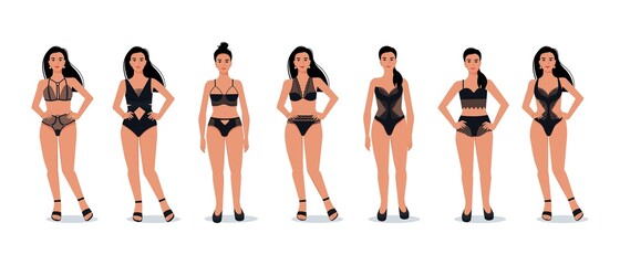 Stylish girls dressed in different styles of lace lingerie. Black lace lingerie. Vector illustration in flat style.