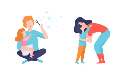 Man and Woman Parent Bringing up Kids Embracing and Blowing Soap Bubbles Vector Set