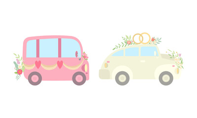 Vintage Car Decorated with Flowers and Rings as Wedding Retro Vehicle Vector Set
