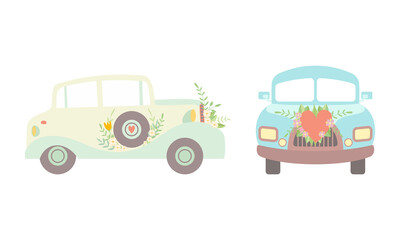 Vintage Car Decorated with Flowers and Heart as Wedding Retro Vehicle Vector Set