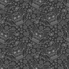 Seamless illustration with cartoon contour bats, flowers and stars, outline animals on a dark background