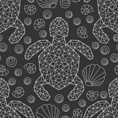 Seamless pattern with light contour geometric turtles and seashells, outline animals on a dark background