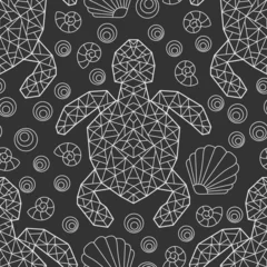 Wallpaper murals Ocean animals Seamless pattern with light contour geometric turtles and seashells, outline animals on a dark background
