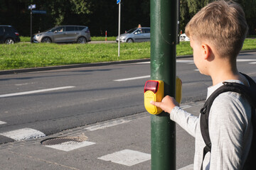 Schoolboy near pedestrian crossing and presses yellow device with button on demand on traffic light