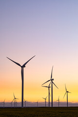 General view of wind turbines in countryside landscape during sunset