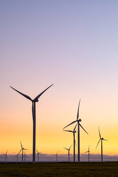 General view of wind turbines in countryside landscape during sunset