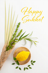 Happy Sukkot card. Traditional symbols (The four species): Etrog (citron), lulav (palm branch),...