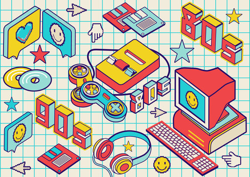 90's retro pc elements and background .Old computer aesthetic illustration,  nostalgia sticker pack. Colorful headphones, disk, diskette, computer, game console. Editable template with isolated icons.