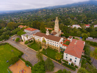 Garden Street Academy with Spanish Colonial Style aerial view at 2300 Garden Street next to Old Mission in Santa Barbara, California CA, USA.  - obrazy, fototapety, plakaty